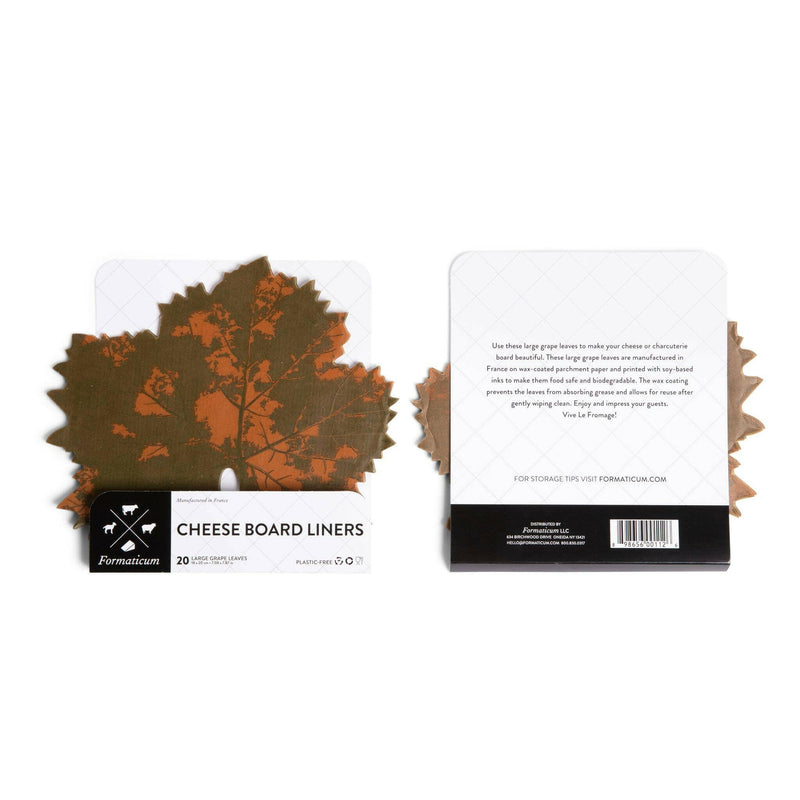 Formaticum Cheese Board Liners - Large, showcasing wax-coated parchment with grape leaf design, ideal for enhancing cheese or charcuterie boards with elegance and eco-friendliness.