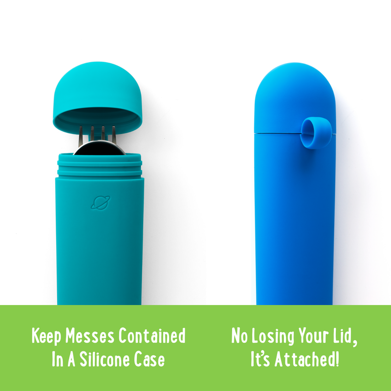 PlanetBox - Dig In Utensil Set: Ocean includes a child-friendly fork, spoon, and silicone case, ideal for portable, hygienic storage and easy use.