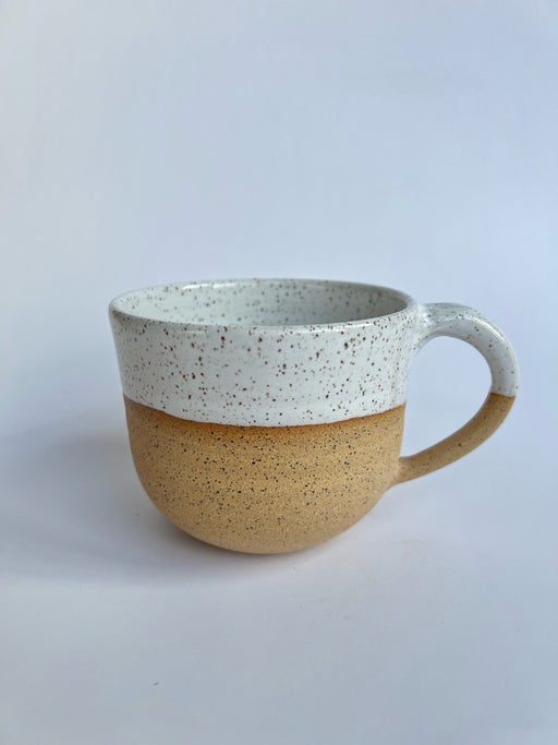 RachaelPots Jumbo Mug - Nude-Light Blue, hand-thrown with a thumb rest handle, ideal for coffee or soup. Crafted in Brooklyn, available at Athens Cooks.