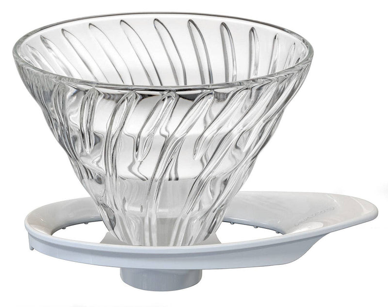 HARIO USA - HARIO V60 Glass Dripper 02: Olive Wood holder, showcasing its conical glass design with spiral ribs, perfect for nuanced coffee extraction and visual brewing delight.