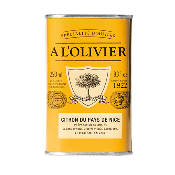 The French Farm - A L'Olivier Lemon From Nice Olive Oil 8.4oz tin, an extra-virgin olive oil with lemon extract, perfect for enhancing gourmet salads and marinades.