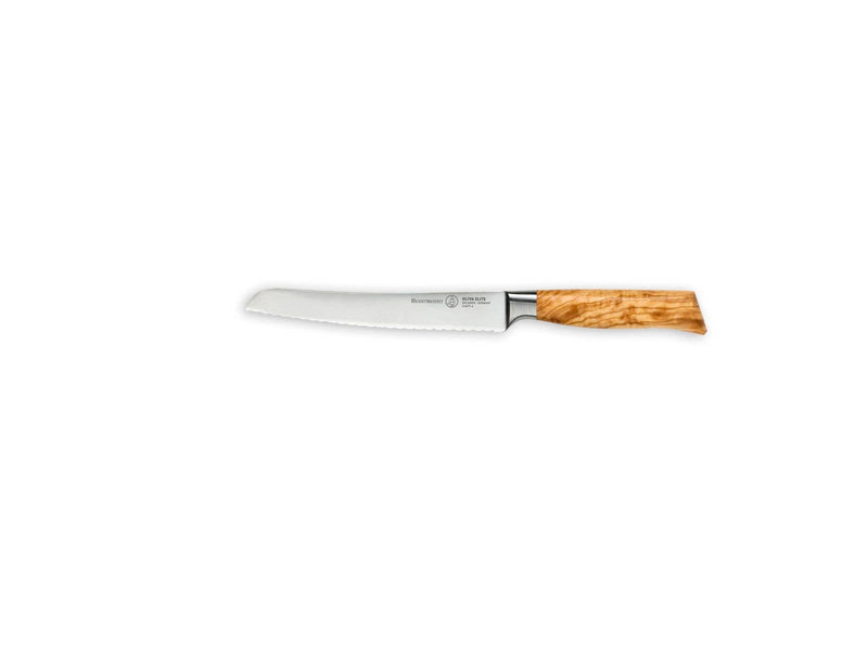 Messermeister Oliva Elite 6 Reverse Scalloped Utility Knife, stainless-steel blade with unique olive wood handle, ideal for slicing smooth and textured foods.