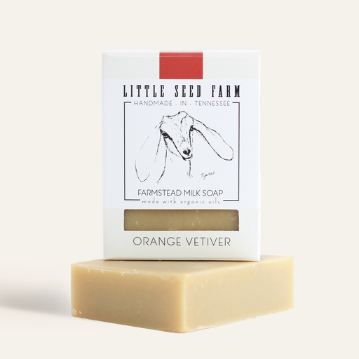 Little Seed Farm - Orange Vetiver Bar Soap displayed, highlighting its citrusy and rejuvenating properties, perfect for nourishing skin and soothing the senses.