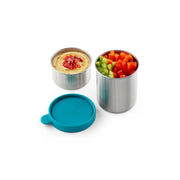PlanetBox - TRAILHEAD DUO SNACK CONTAINER with stainless steel containers for hummus and veggies, featuring a teal silicone lid, perfect for on-the-go snacking.