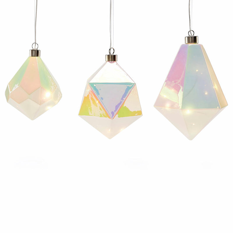 MoMA | LED Glass Prism Ornament featuring iridescent glass and LED lights, perfect for adding an ethereal touch to holiday decor with versatile placement.
