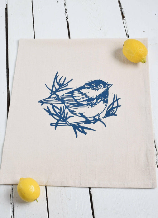 Hearth and Harrow - Organic Cotton Chickadee Tea Towel in Navy Blue.