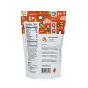 Poppy Hand-Crafted Popcorn - Christmas Confetti Popcorn festive snack bag showcasing nutrition facts, ingredient list, and product description on the back.
