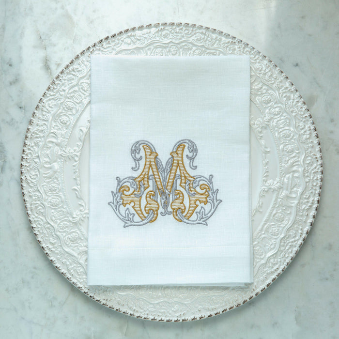 Crown Linen Designs | Vintage Vine Monogram Tri-Fold Napkin.