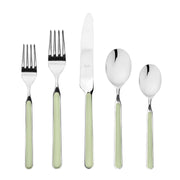 Mepra SPA - 20 PCS SET FANTASIA SAGE: Elegant silverware with green handles, featuring high-quality stainless steel and resin construction, including spoons, forks, and knives with double serration.