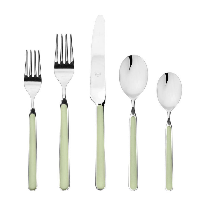 Mepra SPA - 20 PCS SET FANTASIA SAGE: Elegant silverware with green handles, featuring high-quality stainless steel and resin construction, including spoons, forks, and knives with double serration.