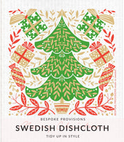 Bespoke Provisions - Merry Christmas Swedish Dishcloth featuring a festive tree and gifts, ideal for eco-friendly cleaning and perfect as a holiday gift.