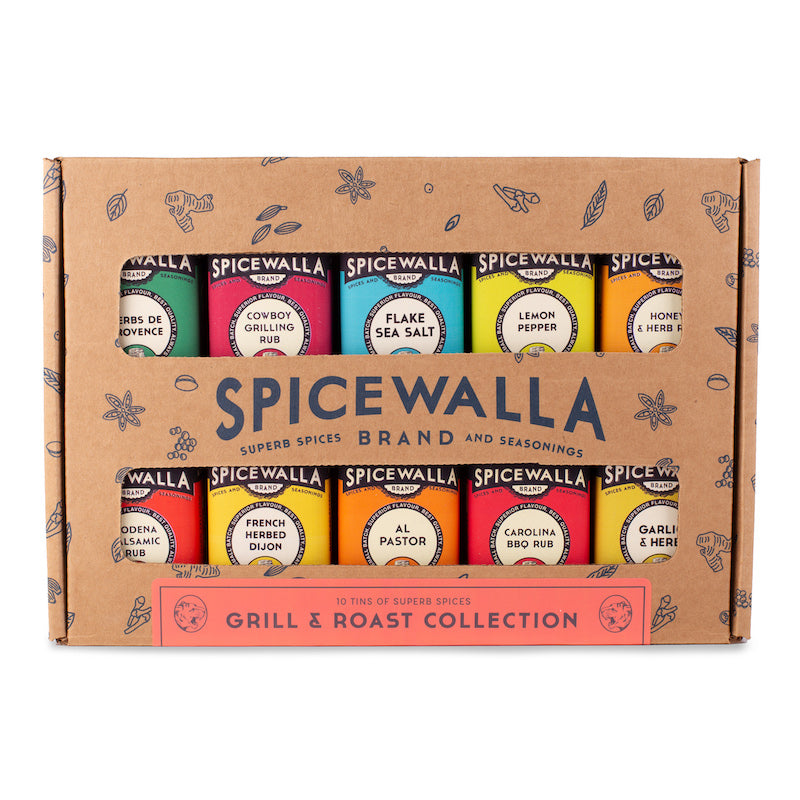 Spicewalla | Grill & Roast Gift Collection: neatly boxed set of ten seasoning tins, including Herbes de Provence, Cowboy Grilling Rub, and Lemon Pepper, ideal for grilling enthusiasts.