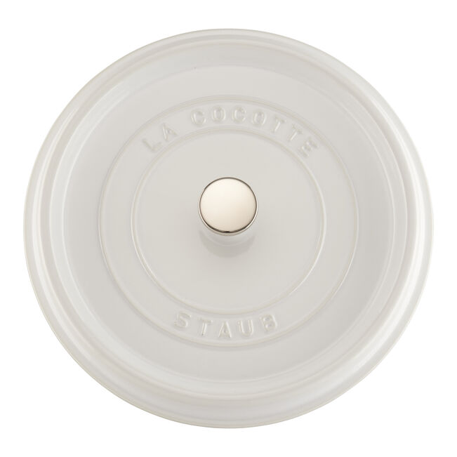 Staub | Round Cocottes - 7 qt White lid with embossed text LA COCOTTE and STAUB, featuring a central metal knob, ideal for Athens Cooks' curated kitchen collections.