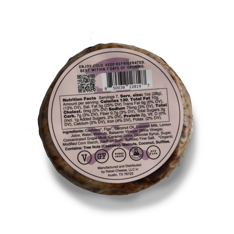 Rebel Cheese - Balsamic Fig & Walnut Fromage, plant-based, 7 oz, featuring a close-up of the label showcasing ingredients and nutritional information.