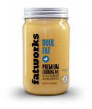 Fatworks - Cage Free Duck Fat 14 OZ in a clear glass jar, ideal for enhancing dishes with premium, kettle-rendered duck fat, perfect for cooking enthusiasts.