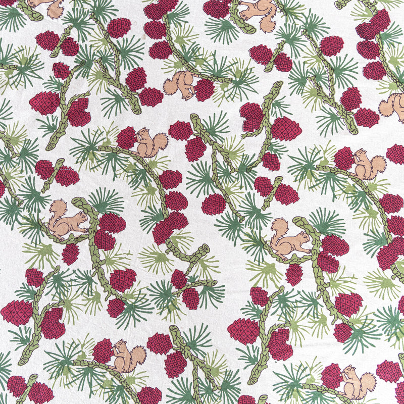 Couleur Nature - Squirrel and Pinecone Red & Brown Tablecloth: 71 x 71 features hand-drawn pine branches, red cones, and squirrels, ideal for festive or casual dining settings.