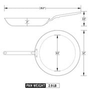 Heritage Steel | Eater Fry Pan - 12 Inches: Engineering drawing with dimensions, side and top views, 2.9 lb weight, highlighting ample cooking space and even heat distribution.