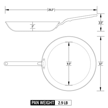 Heritage Steel | Eater Fry Pan - 12 Inches: Engineering drawing with dimensions, side and top views, 2.9 lb weight, highlighting ample cooking space and even heat distribution.