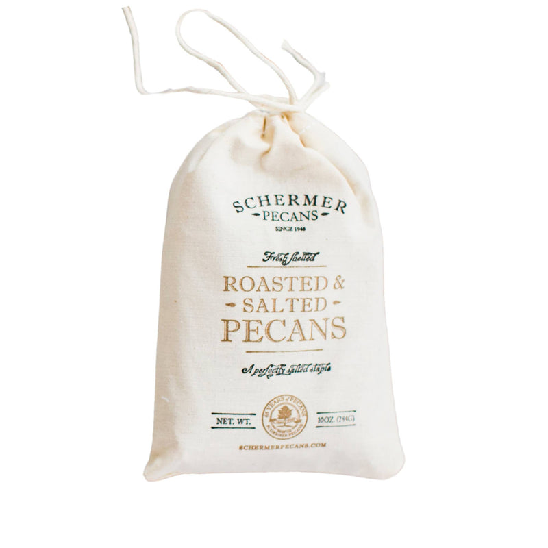 Schermer Pecans - ROASTED AND SALTED PECANS - Ga Grown, 12 cloth bags per case, showcasing a bag of pecans harvested from Georgia orchards.