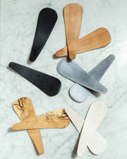 Petermans Boards and Bowls Inc. - SMALL SPALTED MAPLE SALAD TOSSERS (9 PAIR), handcrafted in New England from upcycled maple logs, featuring elegant, slightly bowed shapes.