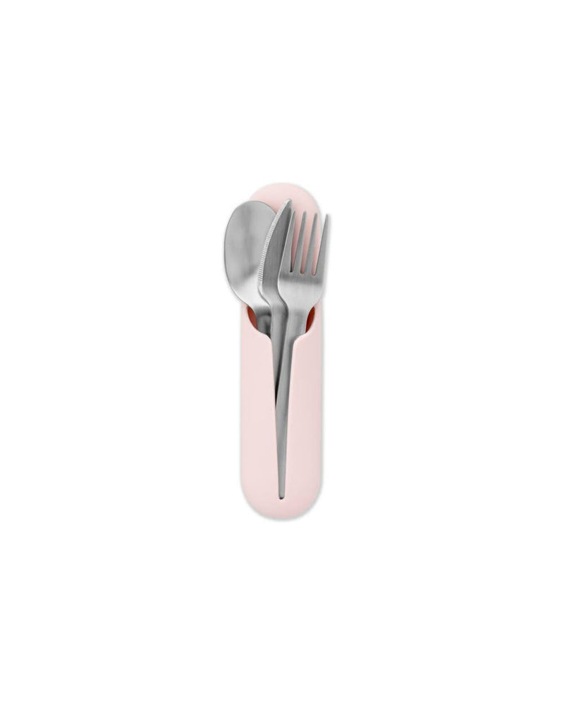 W&P - Stainless Steel Utensils Set in Silicone Carry Case: Terrazzo Charcoal, featuring a spoon, fork, and knife in a compact silicone holder, ideal for travel and easy cleaning.