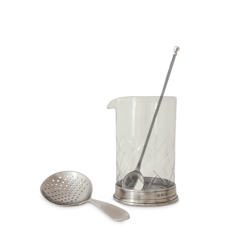 Match | Italian Pewter Mixologist Tools - Mixing Glass + Cocktail Strainer Set, featuring a lead-free crystal mixing glass and a pewter strainer for effortless cocktail preparation.