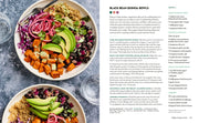 Two-page spread showing Black Bean Quinoa Bowls recipe from Penguin Random House LLC - Skinnytaste High Protein, featuring ingredients and step-by-step assembly instructions.