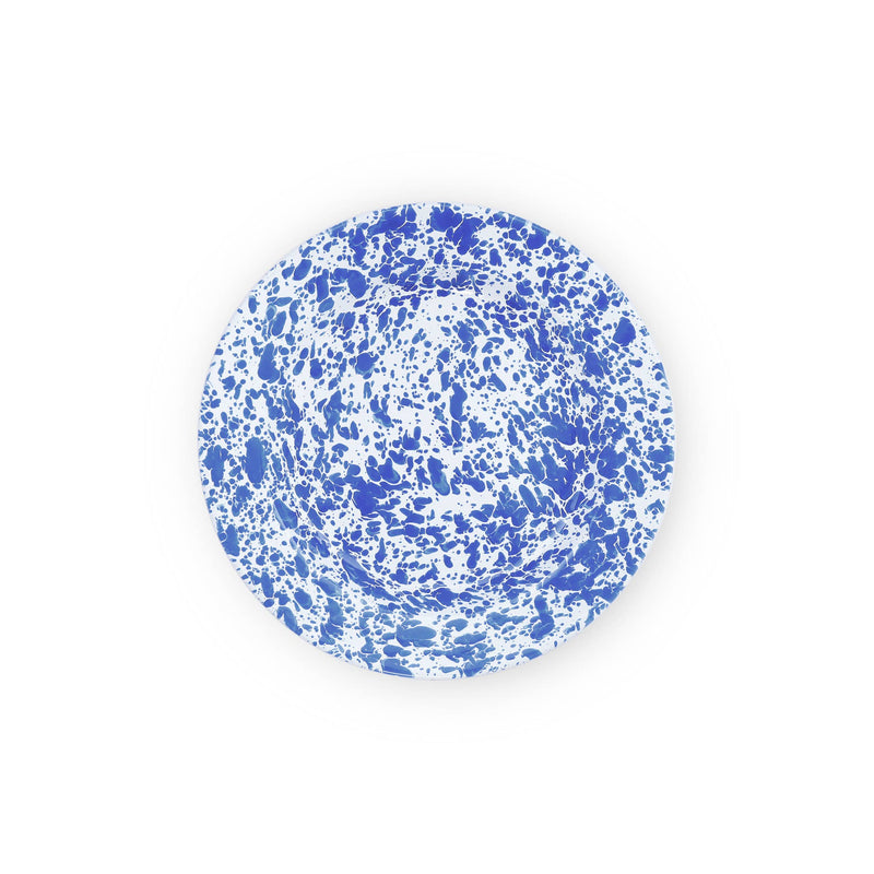 Crow Canyon Home - Splatter Enamelware Dinner Plate: Blue & White, featuring a 10.25 round design with vibrant blue splatter patterns on a white enamel surface.