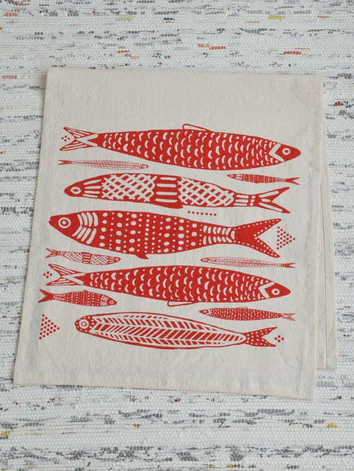 Hearth and Harrow - Sardines Tea Towel in Red - Organic Cotton - Fish Print.