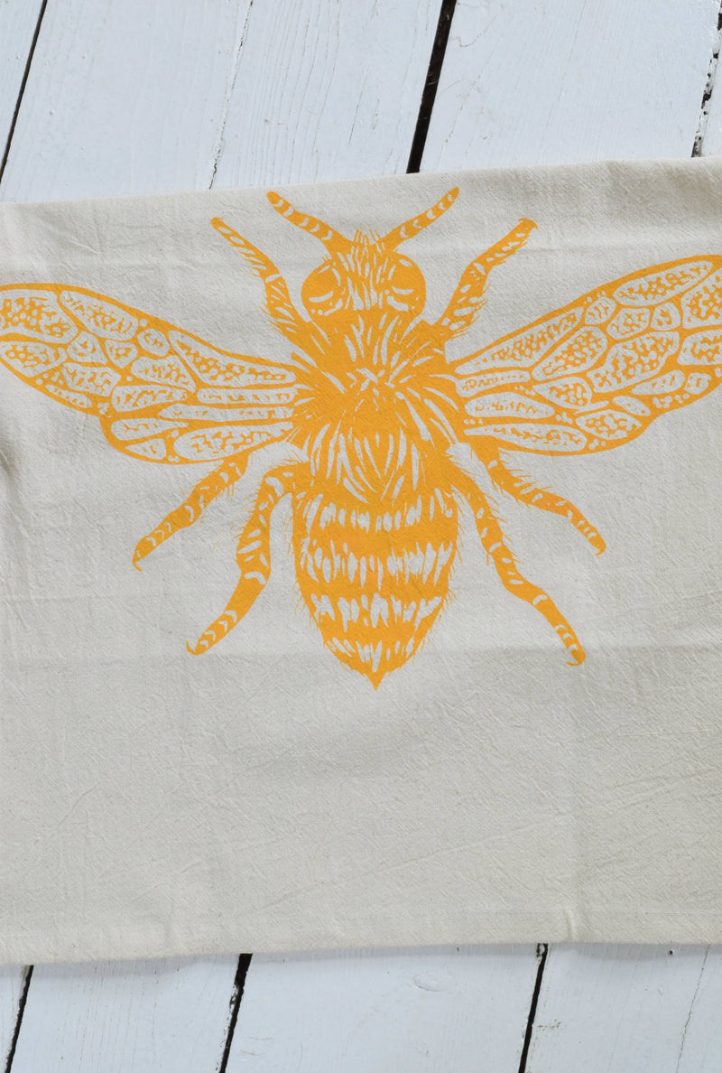 Hearth and Harrow - Honeybee Tea Towel - Yellow - Organic Cotton - Eco Friendly, featuring a hand-printed honeybee design on a soft, organic cotton towel.