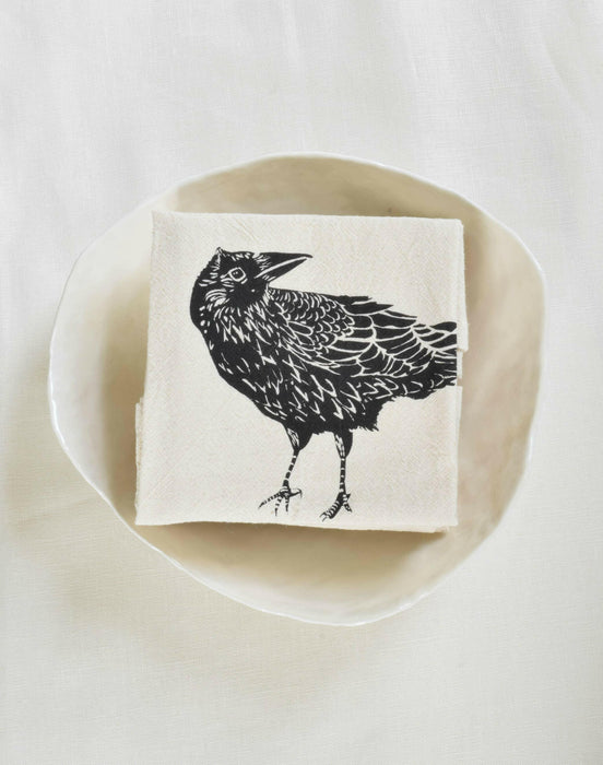 Hearth and Harrow - Set of 4 Organic Cotton Napkins - Crow Print - Black - Raven.