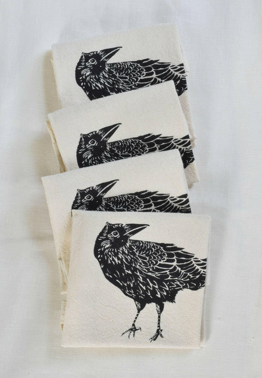 Hearth and Harrow - Set of 4 Organic Cotton Napkins - Crow Print - Black - Raven.