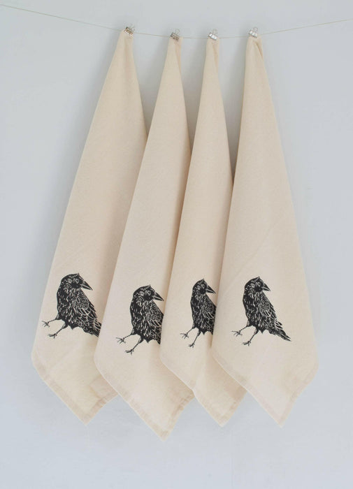 Hearth and Harrow - Set of 4 Organic Cotton Napkins - Crow Print - Black - Raven.