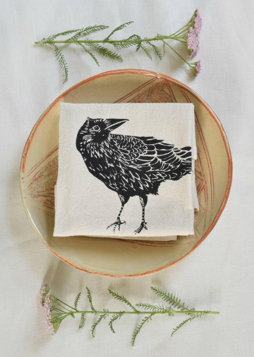 Hearth and Harrow - Set of 4 Organic Cotton Napkins - Crow Print - Black - Raven.