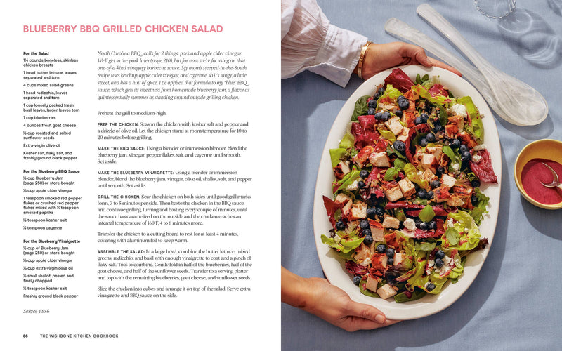 Wishbone Kitchen Cookbook open to Blueberry BBQ Grilled Chicken Salad recipe with ingredients and instructions on one side, styled dish on the other.