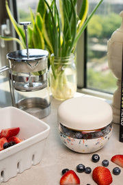 W&P - Glass Seal Tight To-Go & Storage Bowl: Cream / 16 oz, featuring a glass jar with strawberries and blueberries, ideal for meal prepping and storage.