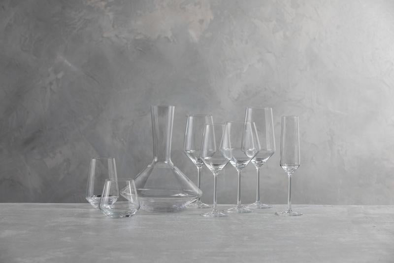 Zwiesel Fortessa | Pure Cabernet Glass, Single: A collection of elegant glassware, including stemless tumblers, wine glasses, decanter, and champagne flute, showcasing minimalist design and Tritan Crystal craft.