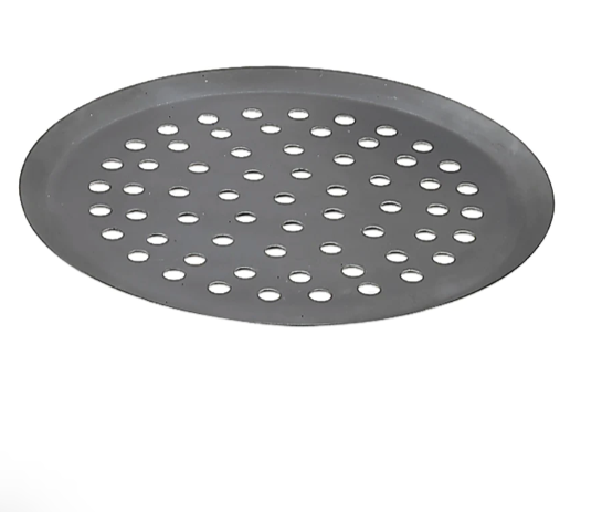 de Buyer Blue Steel Pizza Tray - 16 in, features a perforated design for crispy crusts, ideal for home baking. Durable, French-made essential for kitchen enthusiasts.