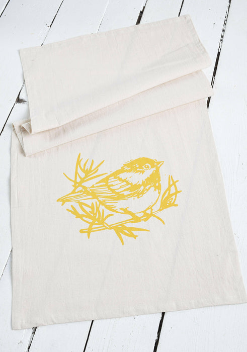 Hearth and Harrow - Organic Cotton Chickadee Tea Towel in Mustard Yellow - Bird.