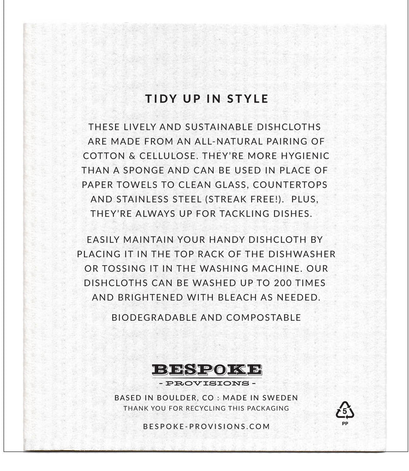 Bespoke Provisions - Modern Tulip Swedish Dishcloth, packaged with a white paper label featuring black text, describing product use and care instructions.