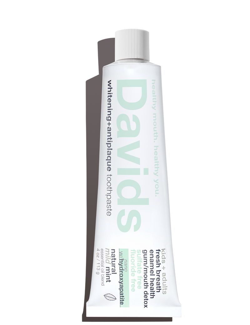 Davids Natural Toothpaste tube, 4 oz, featuring nano-hydroxyapatite for natural whitening and enamel health, with mild mint flavor. Ideal for kids and adults.