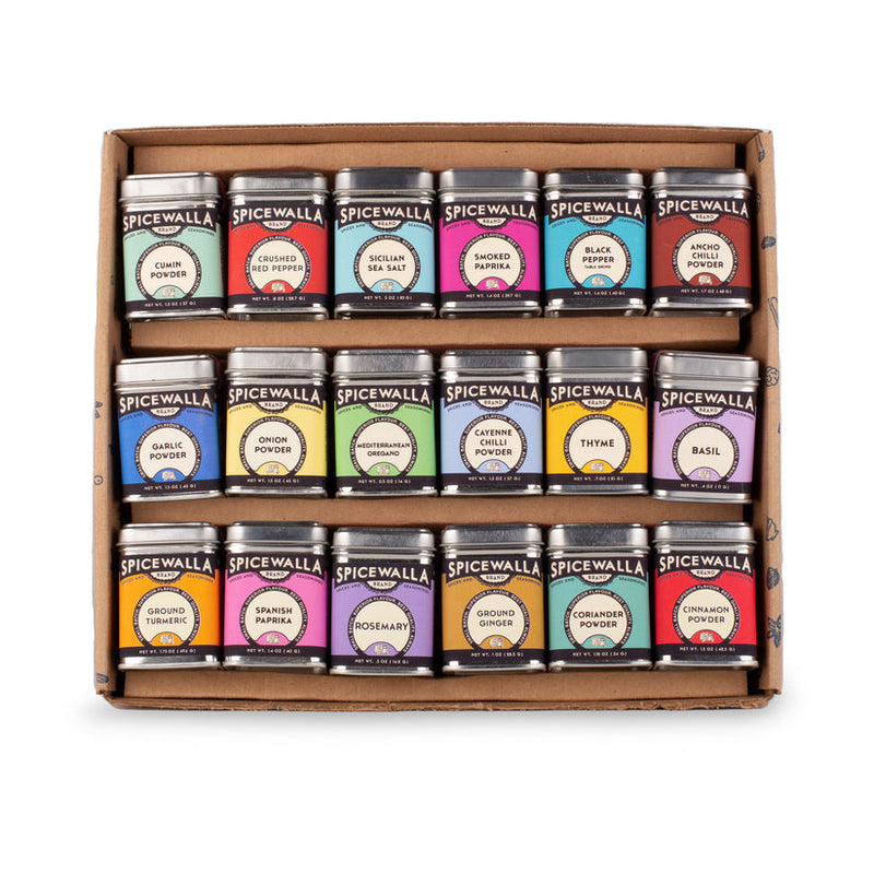 Spicewalla | Kitchen Essentials Collection Gift Set with 18 spice tins, ideal for enhancing any culinary experience, perfect for new or seasoned chefs.