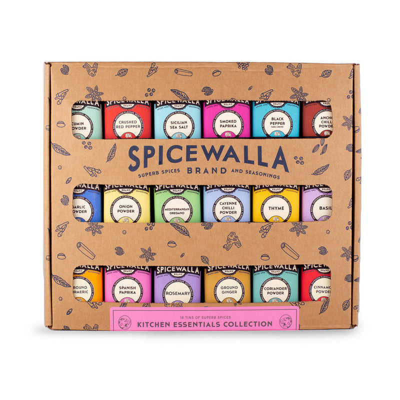 Spicewalla | Kitchen Essentials Collection Gift Set: 18 tin spice array in a display sleeve, ideal for enhancing home cooking with essential herbs and spices.