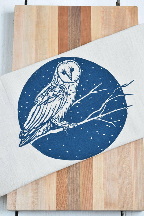 Hearth and Harrow - Organic Cotton Barn Owl Tea Towel - Navy - Bird Kitchen.