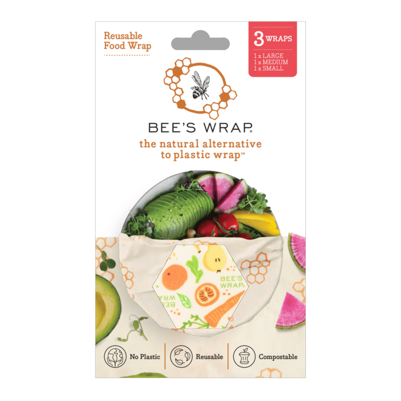 Bee's Wrap - New! Garden Party - Assorted 3 Pack featuring a hexagon-shaped cloth with fruit and vegetables design, promoting sustainable food storage.