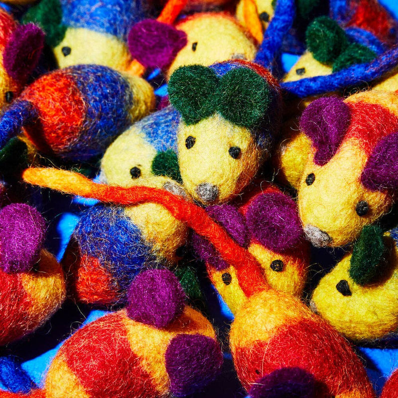 Ware of the Dog - Wool Mouse Cat Toy: Orange/Purple, handcrafted with natural wool, catnip-filled, featuring multicolored design with stitched eyes and fuzzy tails, promoting fair trade craftsmanship.