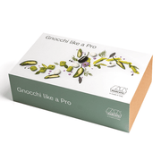 Marcato | Gnocchi Like A Pro Kit retail box featuring gnocchi images, includes board, accessories, apron, and cookbook for homemade gnocchi, available at Athens Cooks.