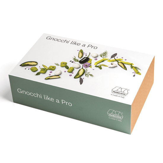 Marcato | Gnocchi Like A Pro Kit retail box featuring gnocchi images, includes board, accessories, apron, and cookbook for homemade gnocchi, available at Athens Cooks.