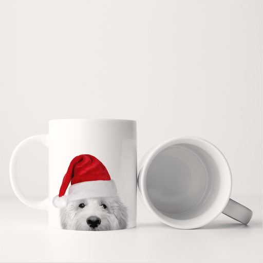 Perkie Prints - Santa Hat Doodle 1 (Light) Mug featuring a Doodle dog in a Santa hat, perfect for festive mornings, shown upright with another mug on its side.