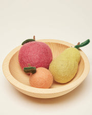 Farmhouse Pottery - Felted Fruit Ornament: Clementine set in a light-wood bowl, featuring handcrafted wool apple, clementine, and pear shapes. Fair Trade Certified, Nepal.